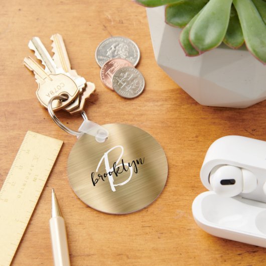 Gold Brushed Metal Zwart Wit Script Monogram Sleutelhanger (Bureau)