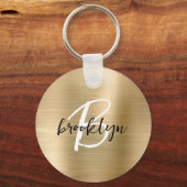 Gold Brushed Metal Zwart Wit Script Monogram Sleutelhanger (Voorkant)