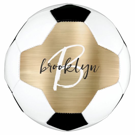 Gold Brushed Metal Zwart Wit Script Monogram Voetbal (Voorkant)