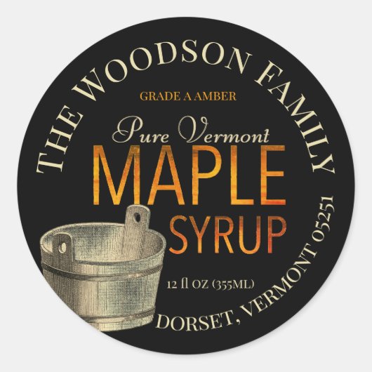 Gold Bucket Maple Syrup Label op zwart (Voorkant)