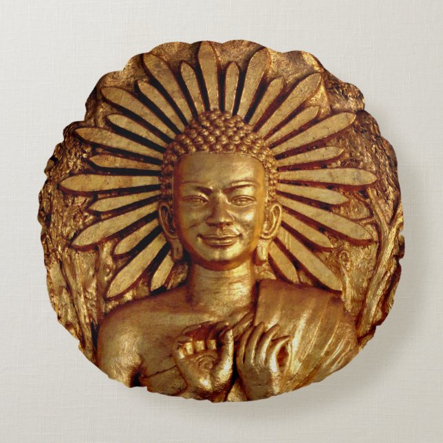 Gold Buddha, compassie en zegeningen (Pillow) Rond Kussen (Voorkant)
