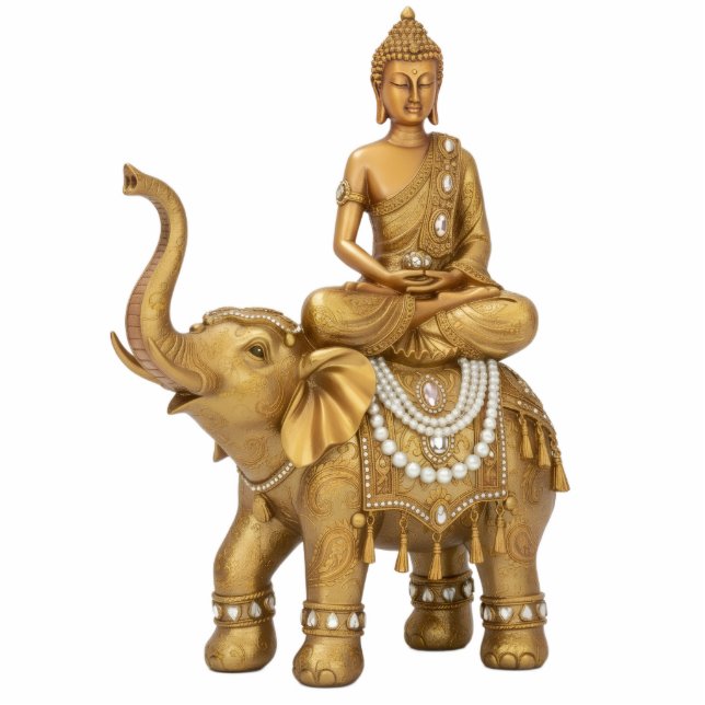 Gold Buddha Riding Elephant 2D statue Staand Fotobeeldje (Voorkant)