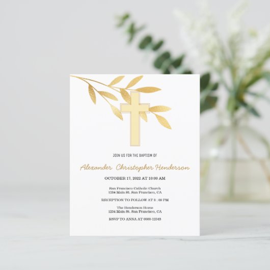 Gold/BUDGET/Baptisme uitnodiging. (Staand voorkant)