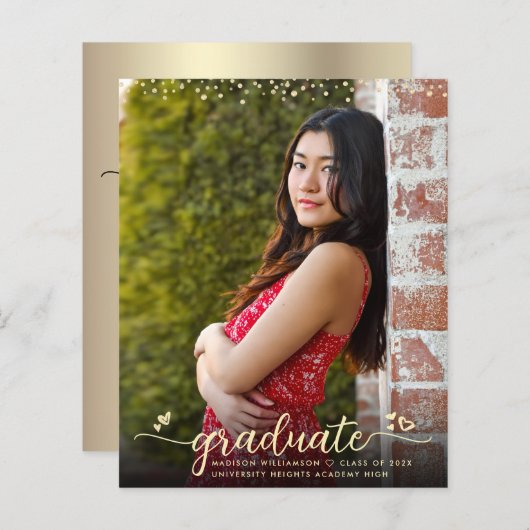 Gold Budget Foto Afstuderen Script Harten uitnodig (Voorkant / Achterkant)