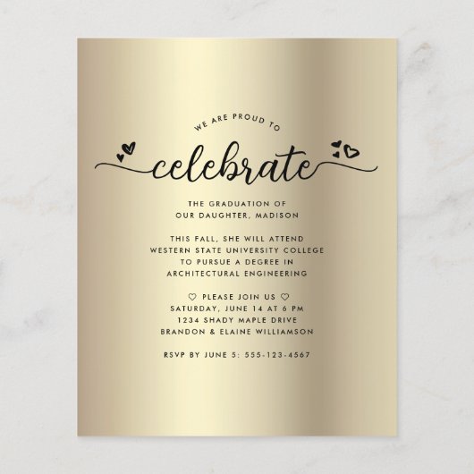 Gold Budget Foto Afstuderen Script Harten uitnodig (Achterkant)