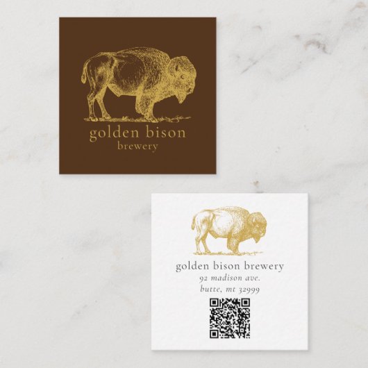 Gold Buffalo QR Code Brown Square Biz Card Vierkante Visitekaartje (Voorkant / Achterkant)