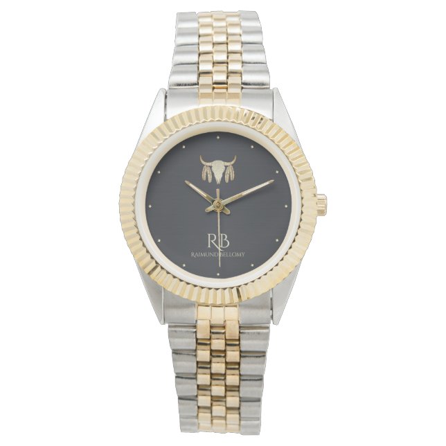 Gold Buffalo Skull Black Metallic Watch Horloge (Voorkant)