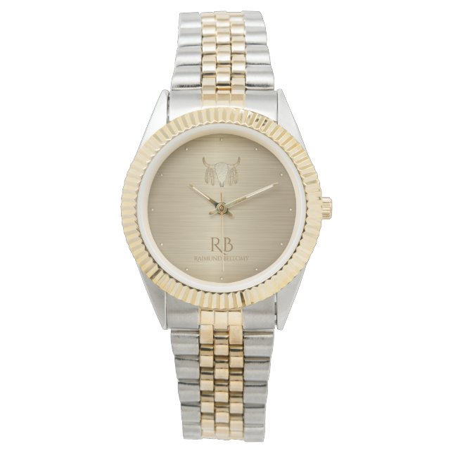 Gold Buffalo Skull Luxury Metallic Watch Horloge (Voorkant)