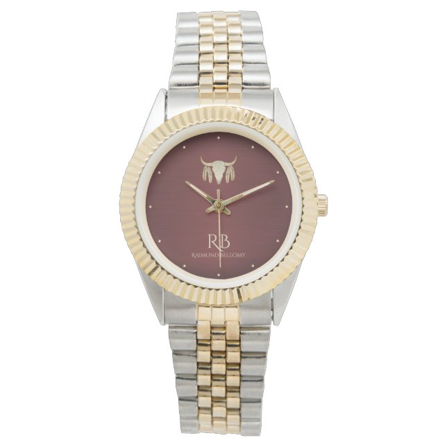 Gold Buffalo Skull Red Metallic Watch Horloge (Voorkant)