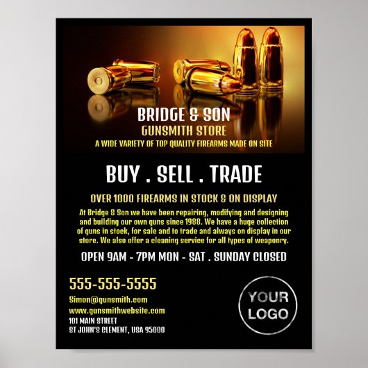 Gold Bullets, Gunsmith, Gunstore Adverteren Poster (Voorkant)