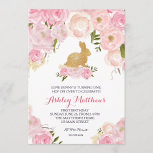 Gold Bunny verjaart roze Floral Uitnodiging