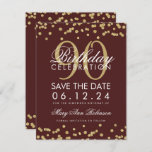 Gold Burgundy 90th Birthday Save Date Confetti Kaart<br><div class="desc">Het elegante "90th Birthday Party"-ontwerp met Gold Faux Glitter Confetti Burgundy en tekst op maat en details. Eenvoudig te gebruiken en eenvoudig aan te passen. Bestel vandaag nog!</div>