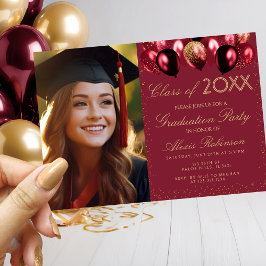 Gold Burgundy Balloons Graduation Party Photo Kaart