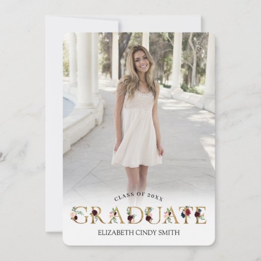 Gold Burgundy Blush Floral Letter Afstuderen Foto Kaart (Voorkant)