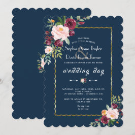 Gold Burgundy Blush Floral Navy Blue Wedding Kaart