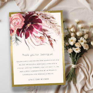 Gold Burgundy Blush Pampas Grass Wedding Bedankkaart