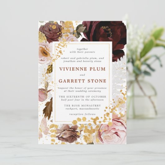 Gold Burgundy Blush Pink Floral Weddenschap Kaart (Staand voorkant)