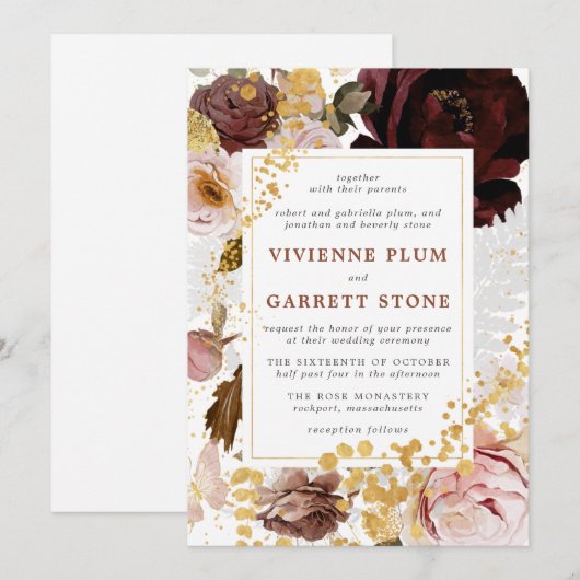 Gold Burgundy Blush Pink Floral Weddenschap Kaart (Voorkant / Achterkant)