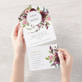 GOLD BURGUNDY BLUSH ROOS FLORAL WATERVERF WEDING ALL IN ONE UITNODIGING