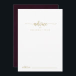 Gold Burgundy Calligraphy Wedding Advice Kaart<br><div class="desc">Deze gouden bruine kalligrafie bruiloft is perfect voor een ritje. Het eenvoudige en elegante ontwerp kenmerkt een gouden klassieke en fancy manuscripttypografie in een marteling en witte achtergrond. Deze kaarten zijn perfect voor een bruiloft, vrijgezellenfeest, baby shower, graduatiedag en nog veel meer. Pas de kaarten aan met de namen van...</div>