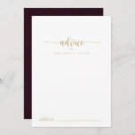 Gold Burgundy Calligraphy Wedding Advice Kaart<br><div class="desc">Deze gouden bruine kalligrafie bruiloft is perfect voor een ritje. Het eenvoudige en elegante ontwerp kenmerkt een gouden klassieke en fancy manuscripttypografie in een marteling en witte achtergrond. Deze kaarten zijn perfect voor een bruiloft, vrijgezellenfeest, baby shower, graduatiedag en nog veel meer. Pas de kaarten aan met de namen van...</div>