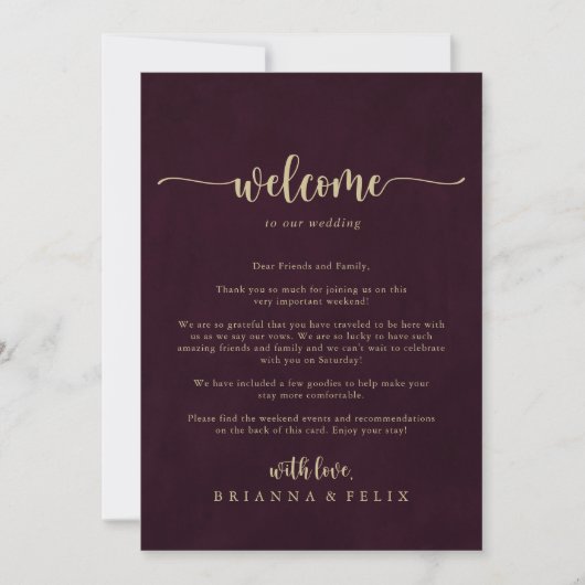 Gold Burgundy Calligraphy Wedding Welcome Letter (Voorkant)