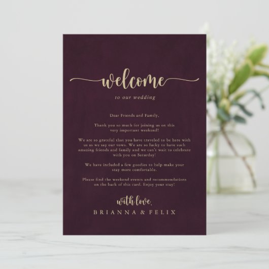 Gold Burgundy Calligraphy Wedding Welcome Letter (Staand voorkant)