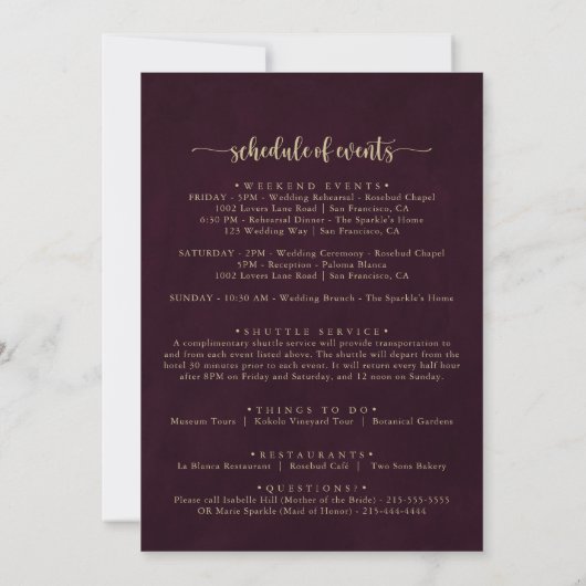 Gold Burgundy Calligraphy Wedding Welcome Letter (Achterkant)