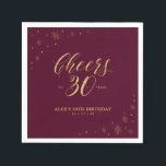 Gold & Burgundy Cheers 30th Birthday Party Napkins Servet<br><div class="desc">Deze aangepaste papieren servet voegt stijlvolle details toe aan uw speciale dag. Dit ontwerp is voorzien van een gladde grafische vormgeving en typografie "Cheers to 30 years" in een gouden foliestructuur op een rode achtergrond die onder vuur ligt. Ideaal voor een modern gouden thema op de 30ste verjaardag. In mijn...</div>