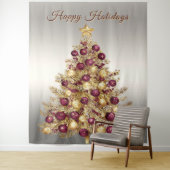 Gold Burgundy Christmas Tree Holiday Backdrop Wandkleed (In situ)
