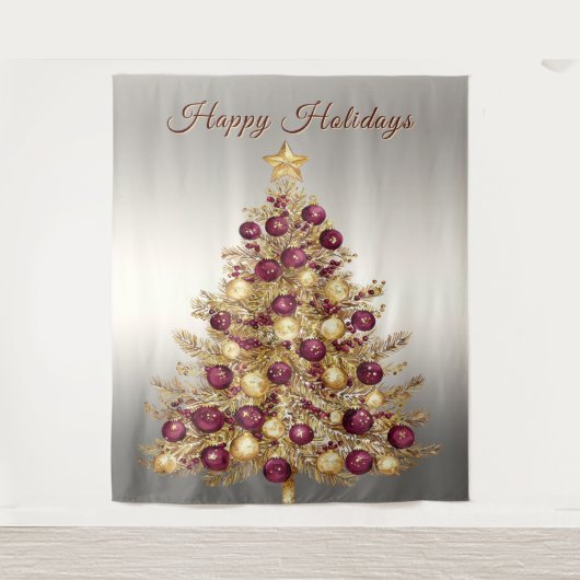 Gold Burgundy Christmas Tree Holiday Backdrop Wandkleed (Voorkant)