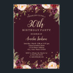 Gold Burgundy Elegant Floral 30th Birthday Party Kaart<br><div class="desc">griepvaccinaties in de Little Bayleigh Store.</div>