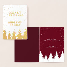 Gold Burgundy Falling Snow Winter Trees Kerstmis Folie Kaarten