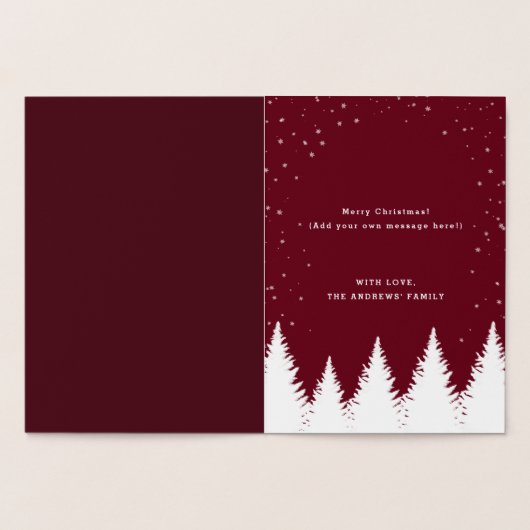 Gold Burgundy Falling Snow Winter Trees Kerstmis Folie Kaarten (Binnen)