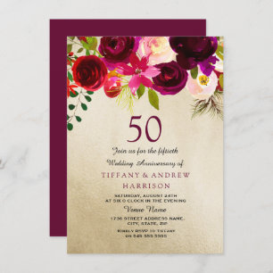 Gold & Burgundy Floral 50th Wedding Jubileum Kaart