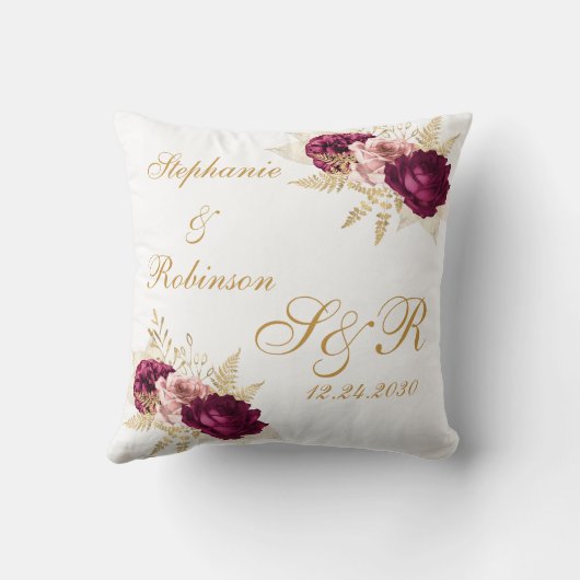Gold Burgundy Floral Custom Monogram Weddenschap G Kussen (Achterkant)