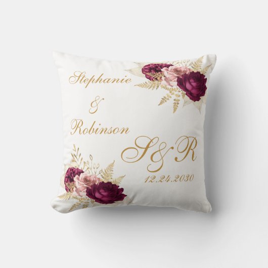 Gold Burgundy Floral Custom Monogram Weddenschap G Kussen (Voorkant)