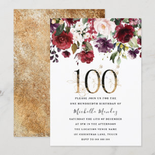 Gold Burgundy Floral Elegant 100th Birthday Party Kaart