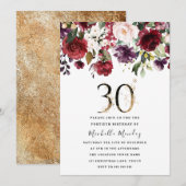 Gold Burgundy Floral Elegant 30e verjaardag Kaart (Voorkant / Achterkant)