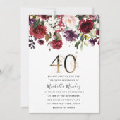 Gold Burgundy Floral Elegant 40th Birthday Party Kaart (Voorkant)