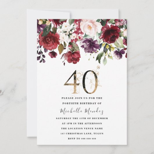 Gold Burgundy Floral Elegant 40th Birthday Party Kaart (Voorkant)