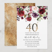 Gold Burgundy Floral Elegant 40th Birthday Party Kaart (Voorkant / Achterkant)