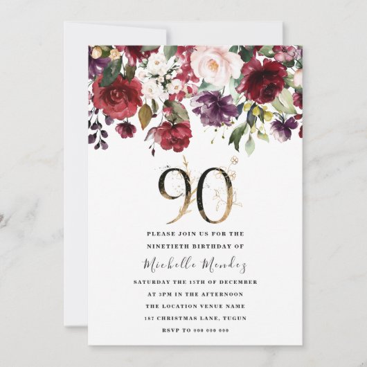 Gold Burgundy Floral Elegant 90e verjaardag Kaart (Voorkant)