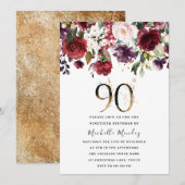 Gold Burgundy Floral Elegant 90e verjaardag Kaart (Voorkant / Achterkant)