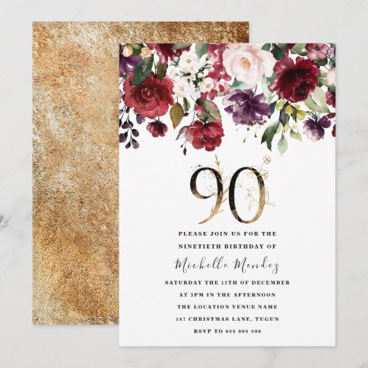Gold Burgundy Floral Elegant 90e verjaardag Kaart (Voorkant / Achterkant)