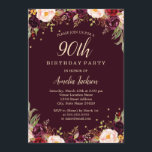 Gold Burgundy Floral Elegant 90th Birthday Party Kaart<br><div class="desc">griepvaccinaties in de Little Bayleigh Store.</div>