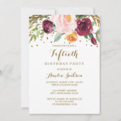 Gold Burgundy Floral Glitter 50th Birthday Party Kaart (Voorkant)