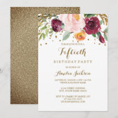Gold Burgundy Floral Glitter 50th Birthday Party Kaart (Voorkant / Achterkant)
