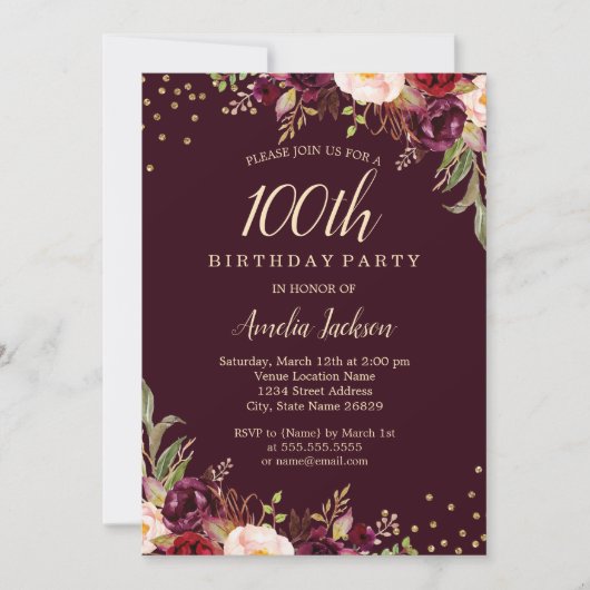 Gold Burgundy floral Sparkle 100th Birthday Party Kaart (Voorkant)