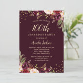 Gold Burgundy floral Sparkle 100th Birthday Party Kaart (Staand voorkant)